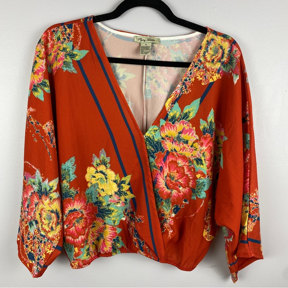 Floral V-Neck Women's Top - Orange - Picture 2 of 10